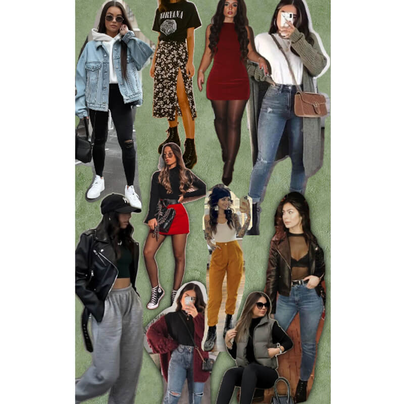 Colagem de mulheres vestindo diferentes estilos de moda, incluindo streetwear, clássico, boho e esportivo, para inspiração de estilo pessoal