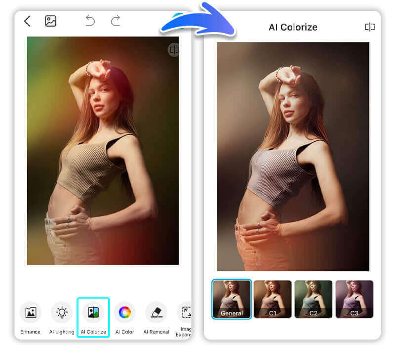 Use a Coloração IA para remover filtro de cor de foto Antes e depois de remover filtro de cor de foto com a Coloração IA do YouCam Enhance, um removedor de filtro.