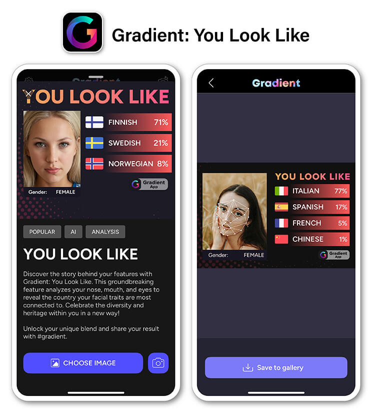 Aplicativo Gradient mostrando o resultado de um teste de etnia com porcentagens.