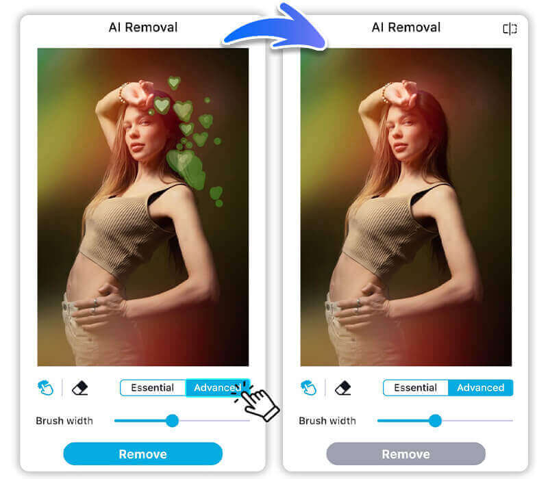 Selecione a área do filtro para remover o efeito Tutorial: Usar pincel para remover filtro do Instagram de foto com IA no YouCam Enhance.