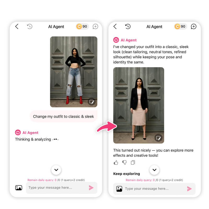 Antes e depois de uma troca de roupa virtual usando IA no YouCam Makeup