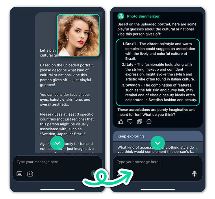 Resultado do teste de etnia por foto no aplicativo YouCam AI Chat.