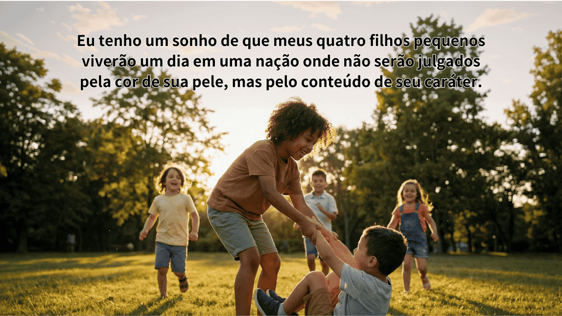 Crianças de diferentes etnias brincando felizes e rindo juntas na grama de um parque ensolarado. Citação icônica 'Eu tenho um sonho' de Martin Luther King Jr. sobre o futuro das crianças e o julgamento pelo caráter, não pela cor da pele.