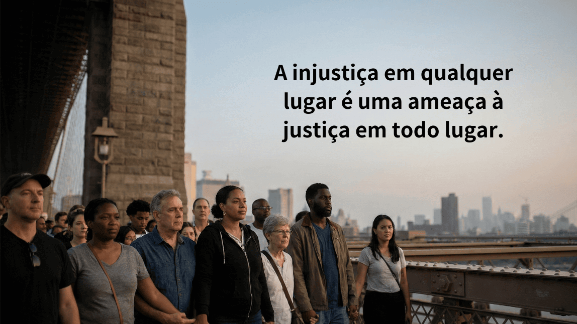 Linha de frente de um grupo diverso de pessoas de mãos dadas, demonstrando união, solidariedade e seriedade na luta por direitos. Citação famosa de Martin Luther King sobre justiça social: 'A injustiça em qualquer lugar é uma ameaça à justiça em todo lugar'.