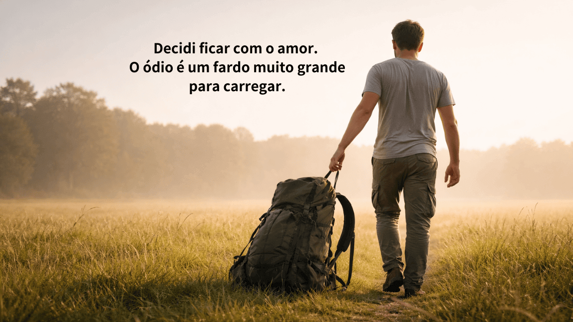 Homem caminhando de costas em uma trilha na natureza carregando uma mochila grande, simbolizando o peso da jornada. Citação inspiradora de Martin Luther King: 'Decidi ficar com o amor. O ódio é um fardo muito grande para carregar'.