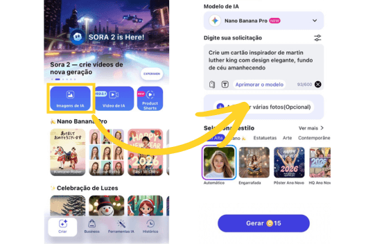 Tutorial passo a passo do aplicativo YouCam AI Pro mostrando como criar arte digital. À esquerda, o botão 'Imagens de IA' está destacado. Uma seta aponta para a tela de criação à direita, onde o prompt 'Crie um cartão inspirador de martin luther king' foi inserido para gerar a imagem.