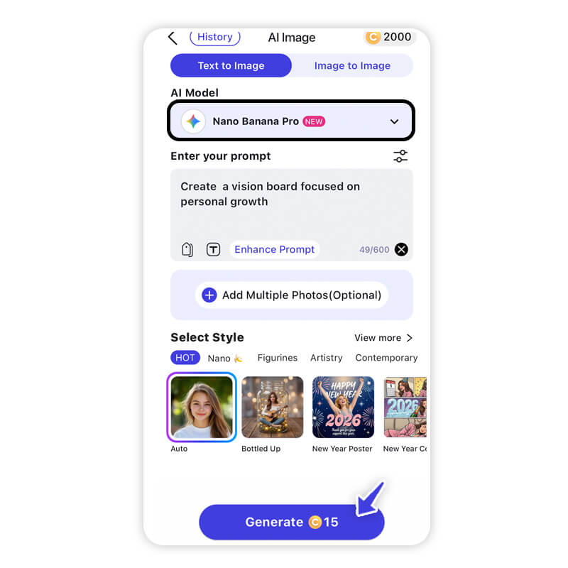 Nano Banana Pro is great at capturing detailed aesthetics and creative vibes. Type in your vision board prompt and choose Nano Banana Pro as your AI model for the best results.
