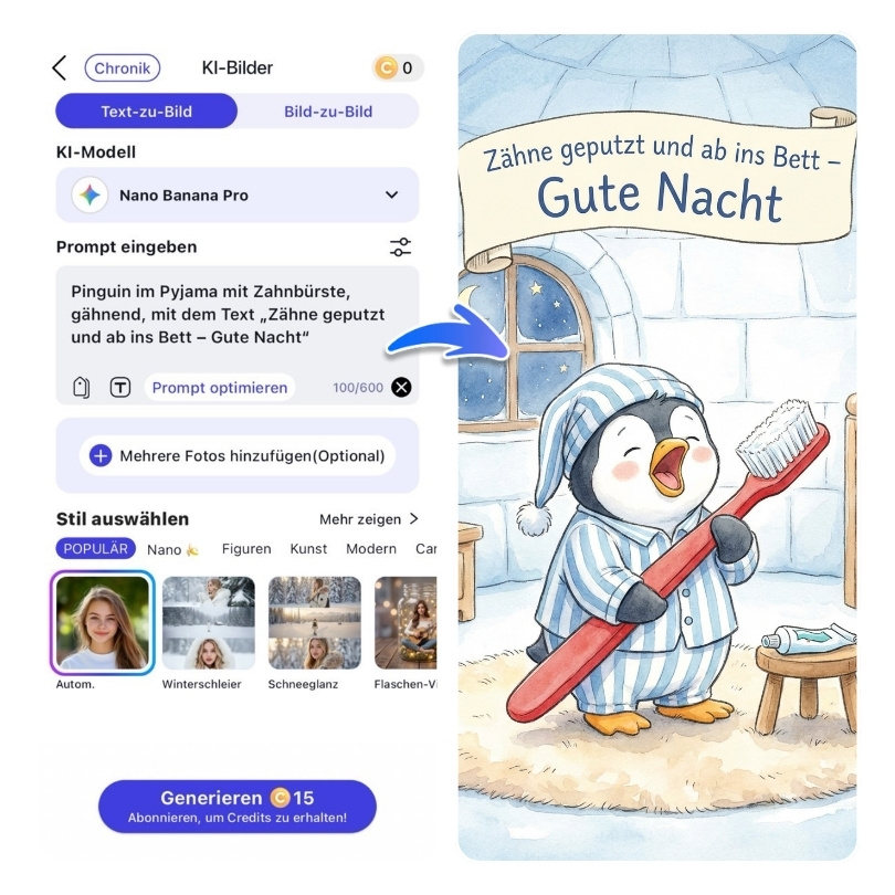 Pinguin im Pyjama mit Zahnbürste, gähnend, mit dem Text "Zähne geputzt und ab ins Bett – Gute Nacht", süßer Kinder-Illustrationsstil