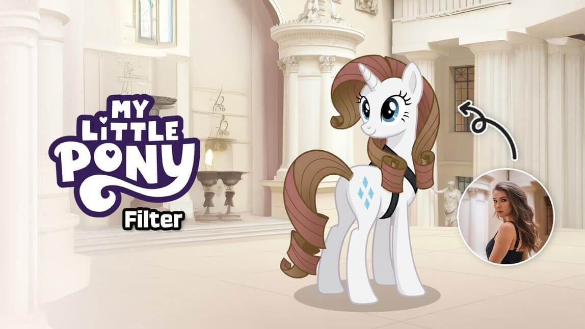 Comparação antes e depois usando o filtro My Little Pony: foto de mulher transformada em pônei branco estilo Rarity com IA.