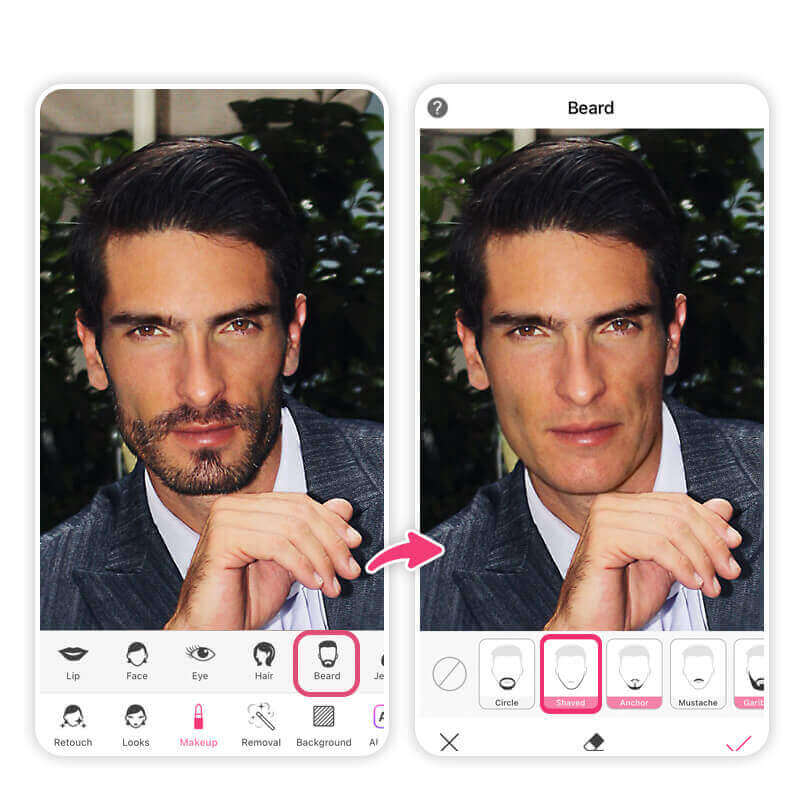 Filtro sem barba para teste no YouCam Makeup Comparação de um homem com barba e sem barba usando o filtro do aplicativo de visagismo masculino YouCam Makeup.