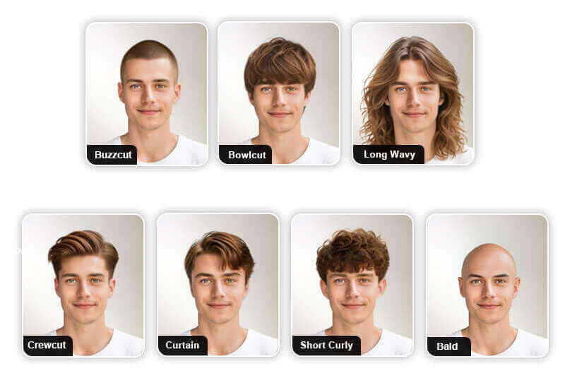 Exemplos de cortes de cabelo masculino disponíveis no app, como buzzcut e longo ondulado.
