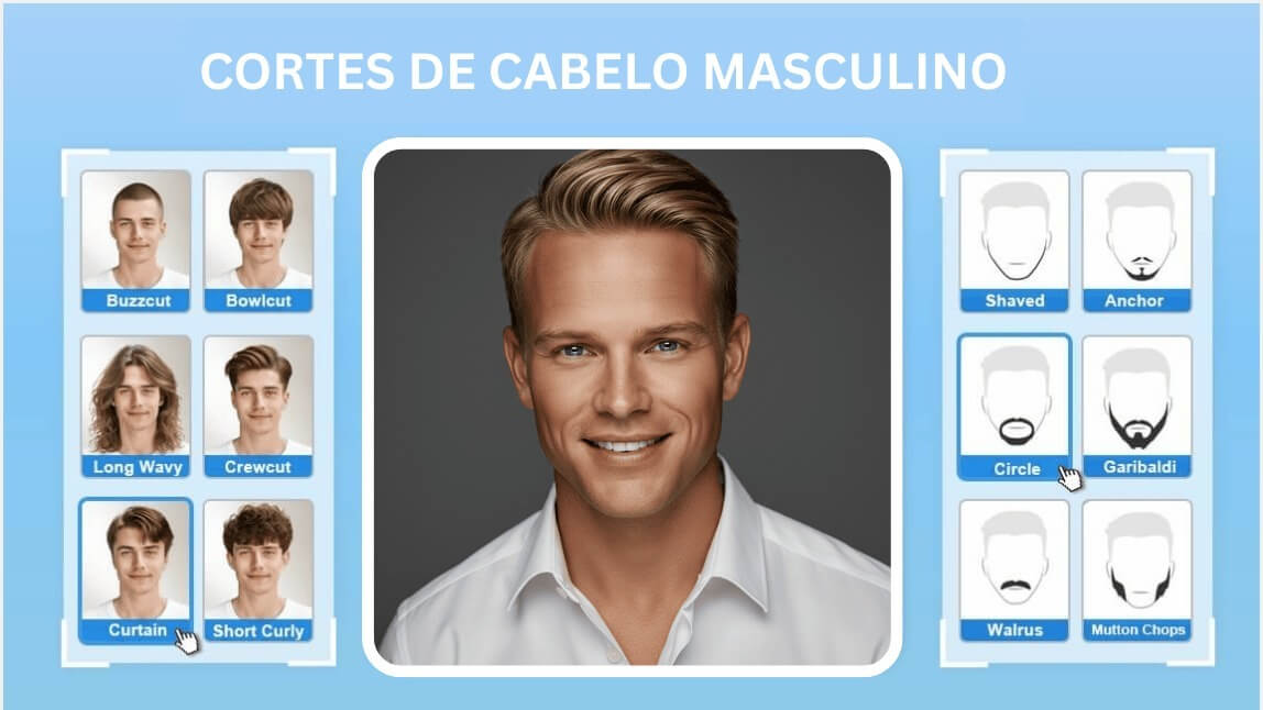 Interface do simulador de corte de cabelo masculino YouCam Makeup exibindo opções de cortes como Curtain e Buzzcut e estilos de barba para teste virtual com IA.