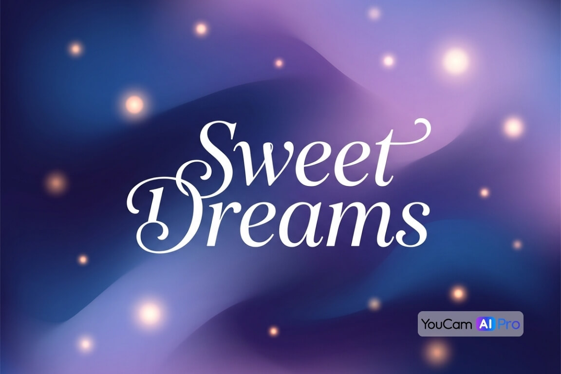 Abstrakte blaue und violette Farbverläufe, sanfte Lichtpunkte, mit dem Text "Sweet Dreams", elegante Typografie