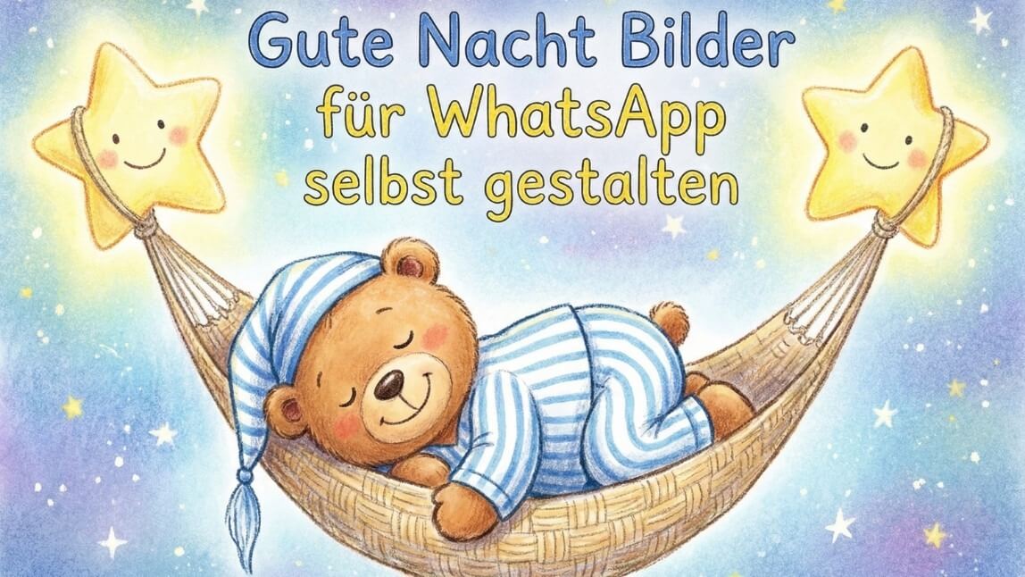 Bär im Schlafanzug in einer Hängematte zwischen zwei Sternen, mit dem Text "Gute Nacht Bilder für WhatsApp selbst gestalten".
