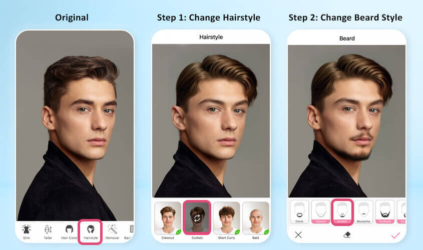 Teste cortes de cabelo masculino com o simulador IA Homem testando um corte de cabelo masculino virtualmente com o simulador do app YouCam Makeup.
