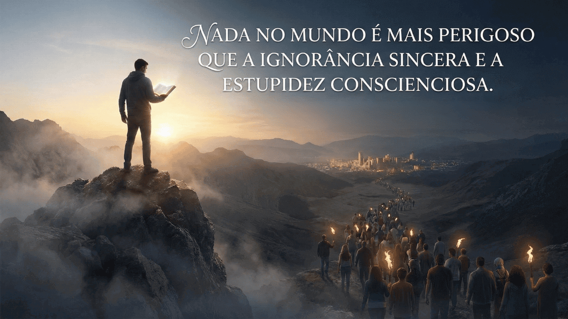 Um homem está no topo de um penhasco segurando um livro que brilha intensamente sob a luz do pôr do sol, enquanto ao fundo uma multidão com tochas caminha por um vale. Texto sobreposto com a frase de Martin Luther King: 'Nada no mundo é mais perigoso que a ignorância sincera e a estupidez conscienciosa'."
