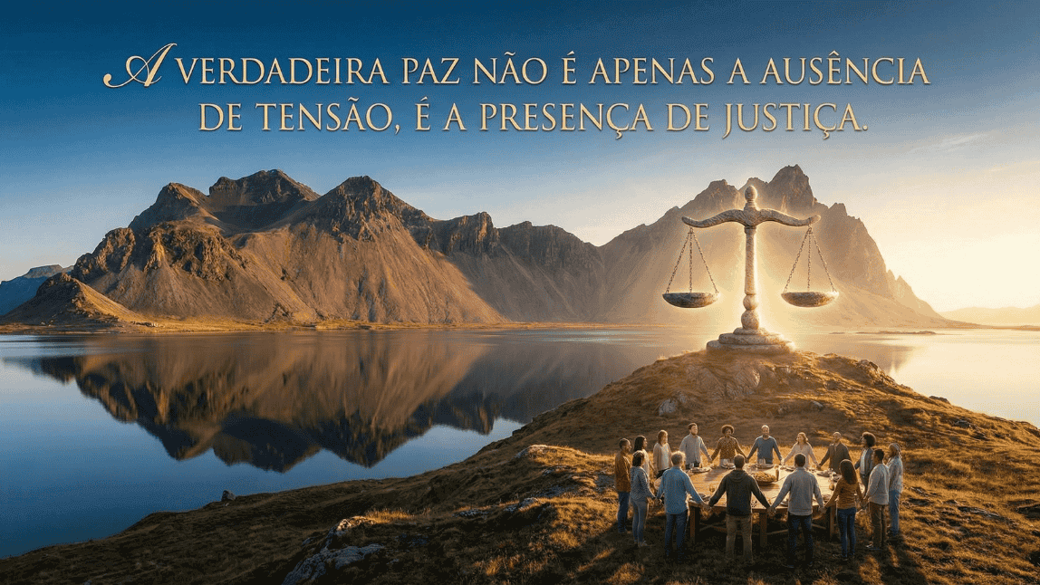 Um grupo diverso de pessoas está de mãos dadas em um círculo de união ao lado de uma balança da justiça monumental e brilhante. O texto sobreposto traz a citação de Martin Luther King: 'A verdadeira paz não é apenas a ausência de tensão, é a presença de justiça'."