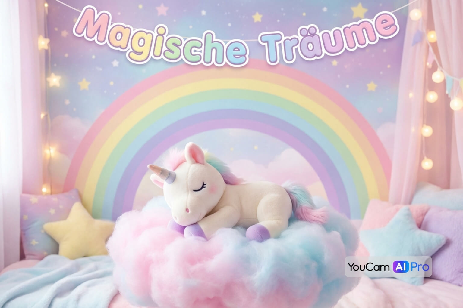 Einhorn schläft auf einer Zuckerwatte-Wolke, bunter Regenbogen, mit dem Text "Magische Träume", pastellfarbener Kawaii-Stil