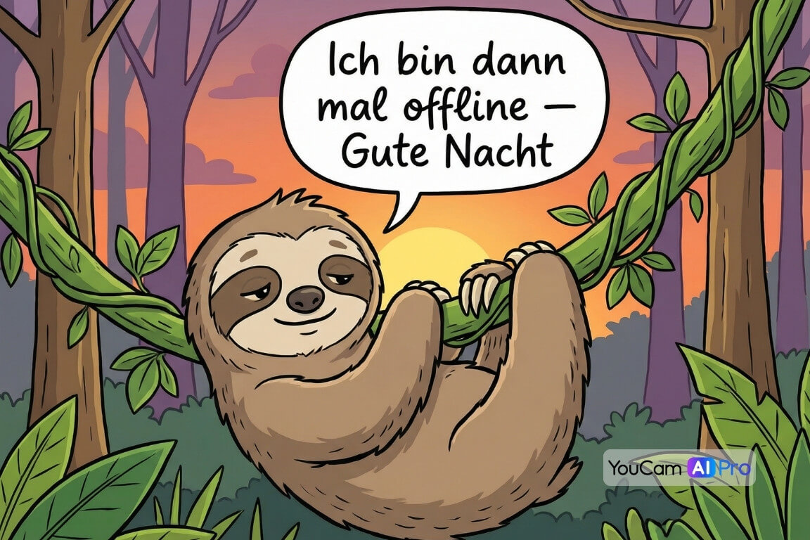 Faultier, das an einer Liane hängt und eingeschlafen ist, mit dem Text "Ich bin dann mal offline – Gute Nacht"