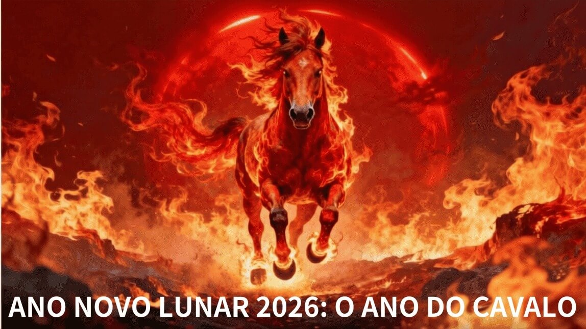 Ilustração digital vibrante de um Cavalo de Fogo correndo, simbolizando o Ano Novo Lunar de 2026 e ideias de fotos criativas.