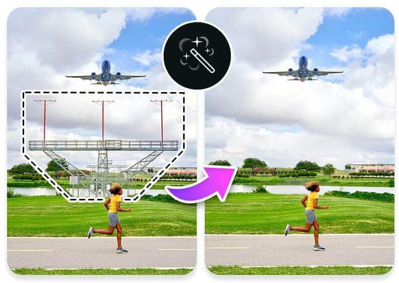 Vorher-Nachher-Vergleich eines Bildes, bei dem ein Heißluftballon mit der KI von YouCam Perfect entfernt wurde.