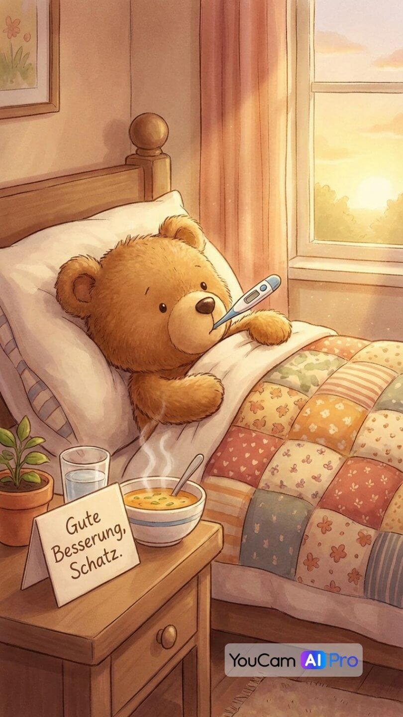 Teddybär im Bett zugedeckt, Thermometer im Mund, eine Schale Suppe daneben, mit dem Text 'Gute Besserung, Schatz'.