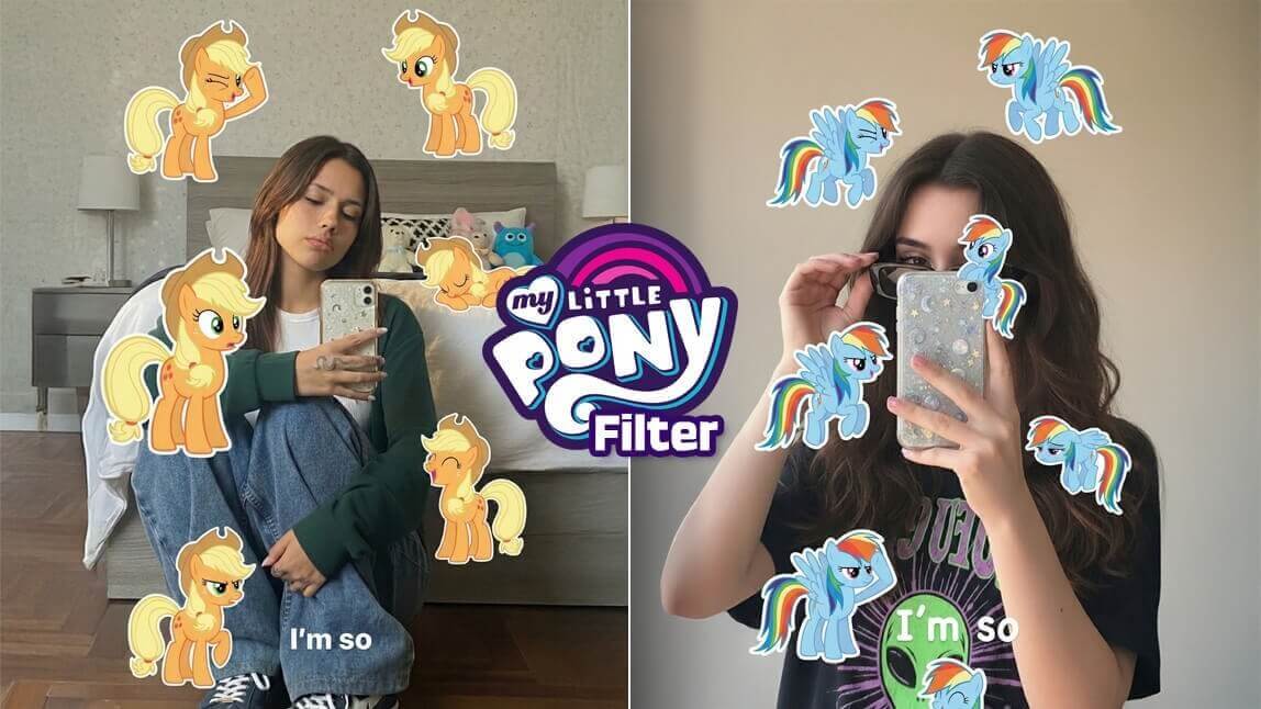 Colagem comparativa mostrando o resultado da Trend My Little Pony com adesivos da Applejack e Rainbow Dash aplicados em selfies usando filtro IA.