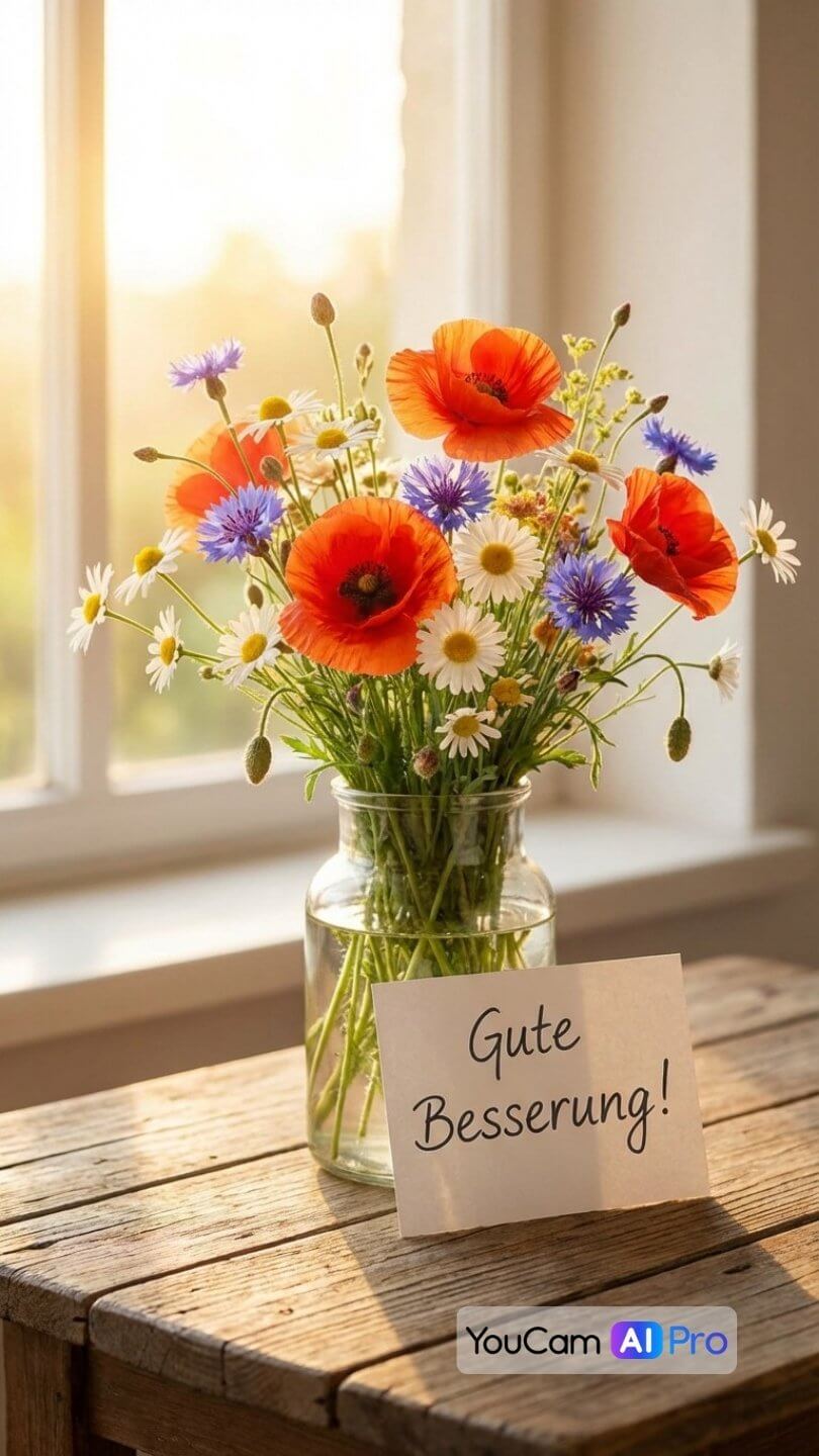 Ein wunderschöner Strauß bunter Wiesenblumen in einer Vase auf einem sonnigen Holztisch am Fenster, warmes Morgenlicht