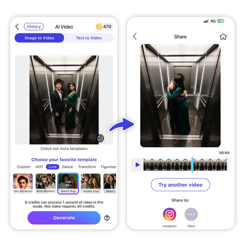 Opções de modelos de animação e campo de texto para comandos no YouCam AI Pro