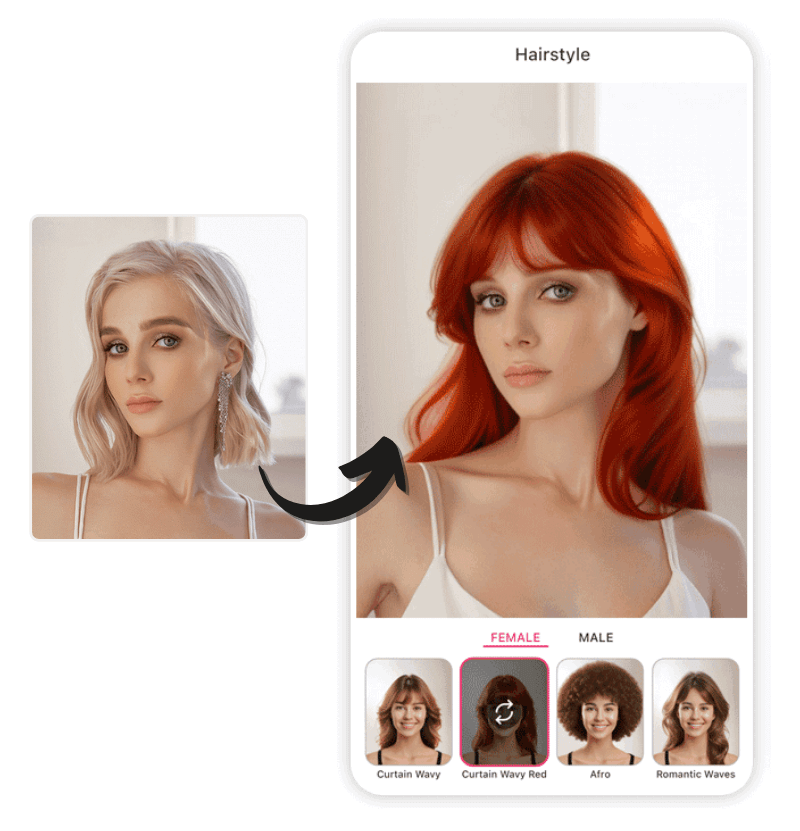 Mude a cor do cabelo na câmera ao vivo ou em uma foto com o YouCam Makeup Mude a cor do cabelo na câmera ao vivo ou em uma foto com o YouCam Makeup.