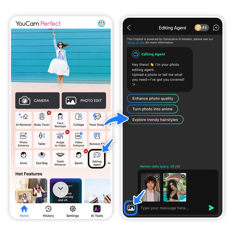 Interface do YouCam Perfect mostrando o recurso 'Agente de Edição'