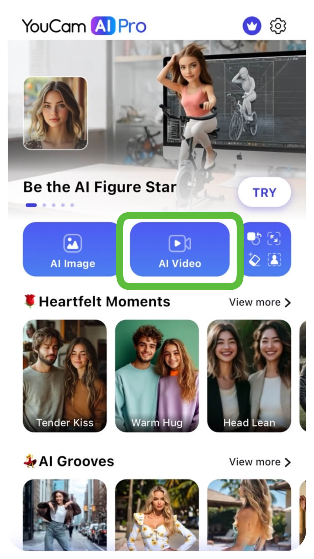 Interface do YouCam AI Pro mostrando a seção 'Vídeo IA' e o recurso 'Imagem para Vídeo'