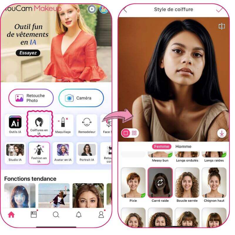 Cliquez sur "Coiffure IA" pour essayer le simulateur de coupe de cheveux