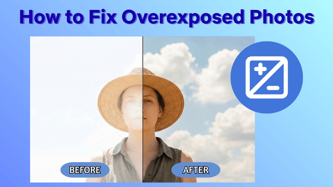 Before and after comparison showing how to fix overexposed photos; the washed-out white background is restored to a clear blue sky using AI lighting adjustment.