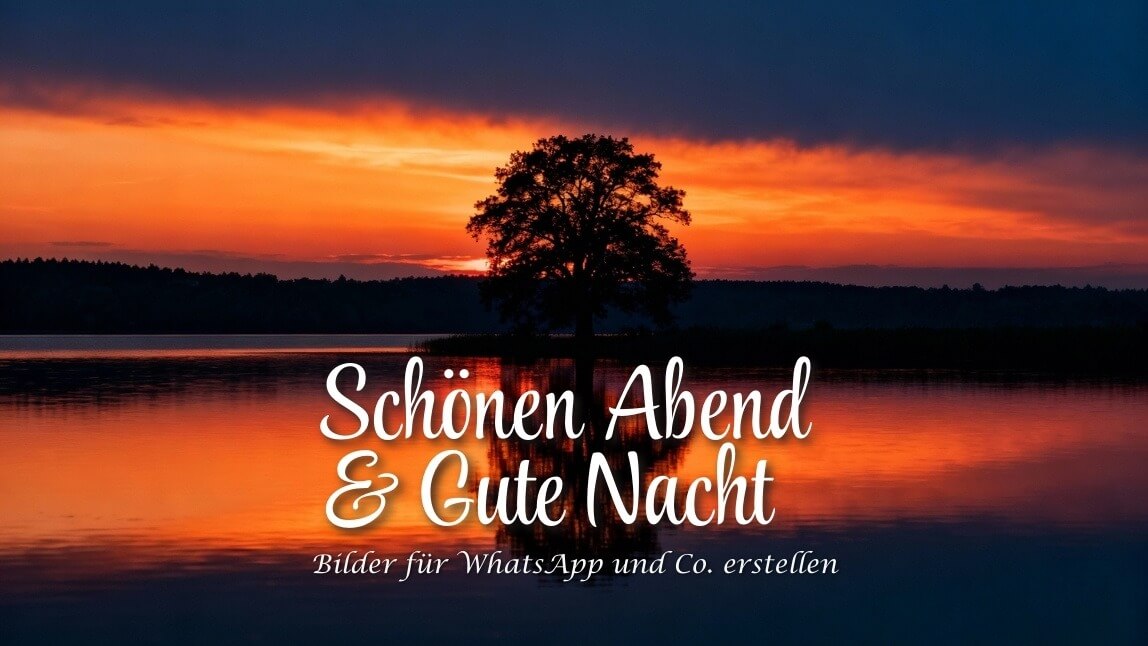 Malerischer Sonnenuntergang am See, der Himmel färbt sich von Orange zu Dunkelblau, Spiegelung im Wasser, eine Silhouette eines Baumes