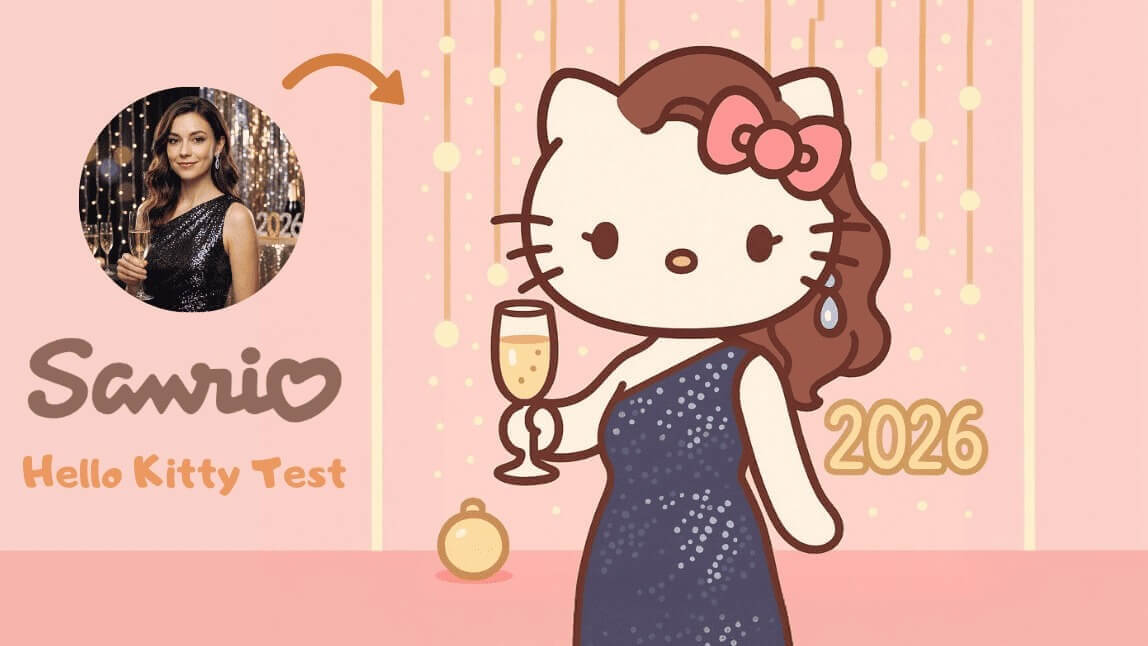 Antes e depois de mulher transformada em Hello Kitty segurando taça com texto Sanrio Hello Kitty Test 2026