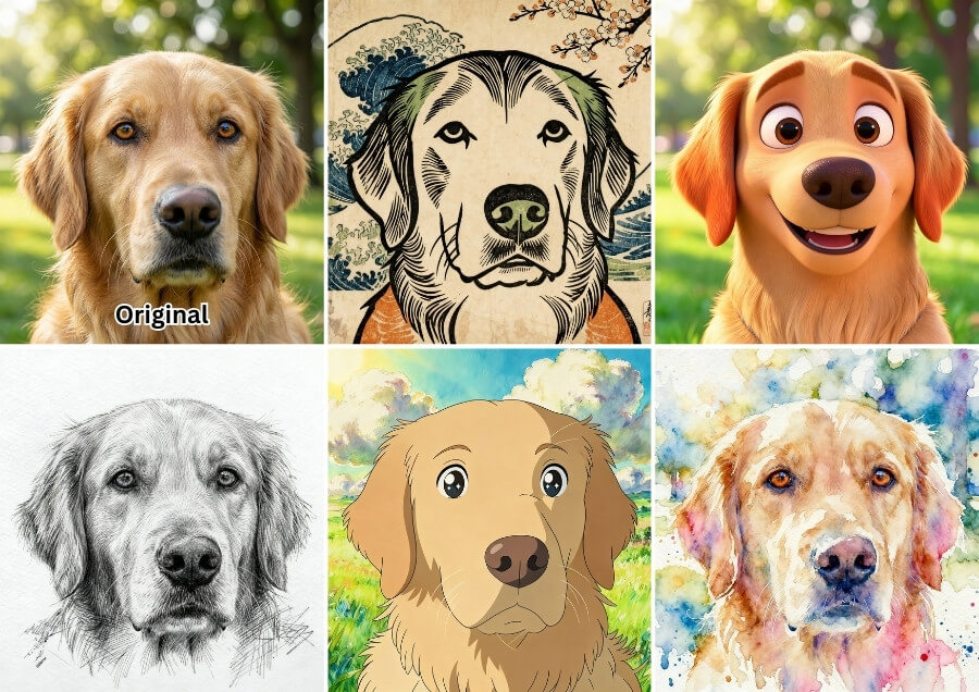 Golden Retriever in verschiedenen KI-Stilen