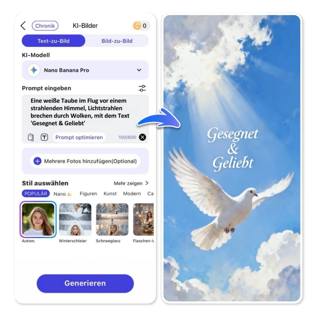 Taufkarte gestalten mit KI-Prompt in YouCam AI Pro: Weiße Taube und Text "Gesegnet & Geliebt" vor blauem Himmel.