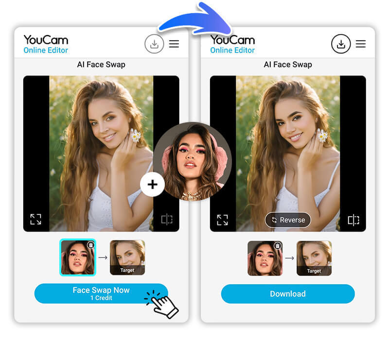 Kostenloser AI Face Morph im YouCam Online Editor: Zwei Gesichter werden zu einem gemorphten Gesicht kombiniert.