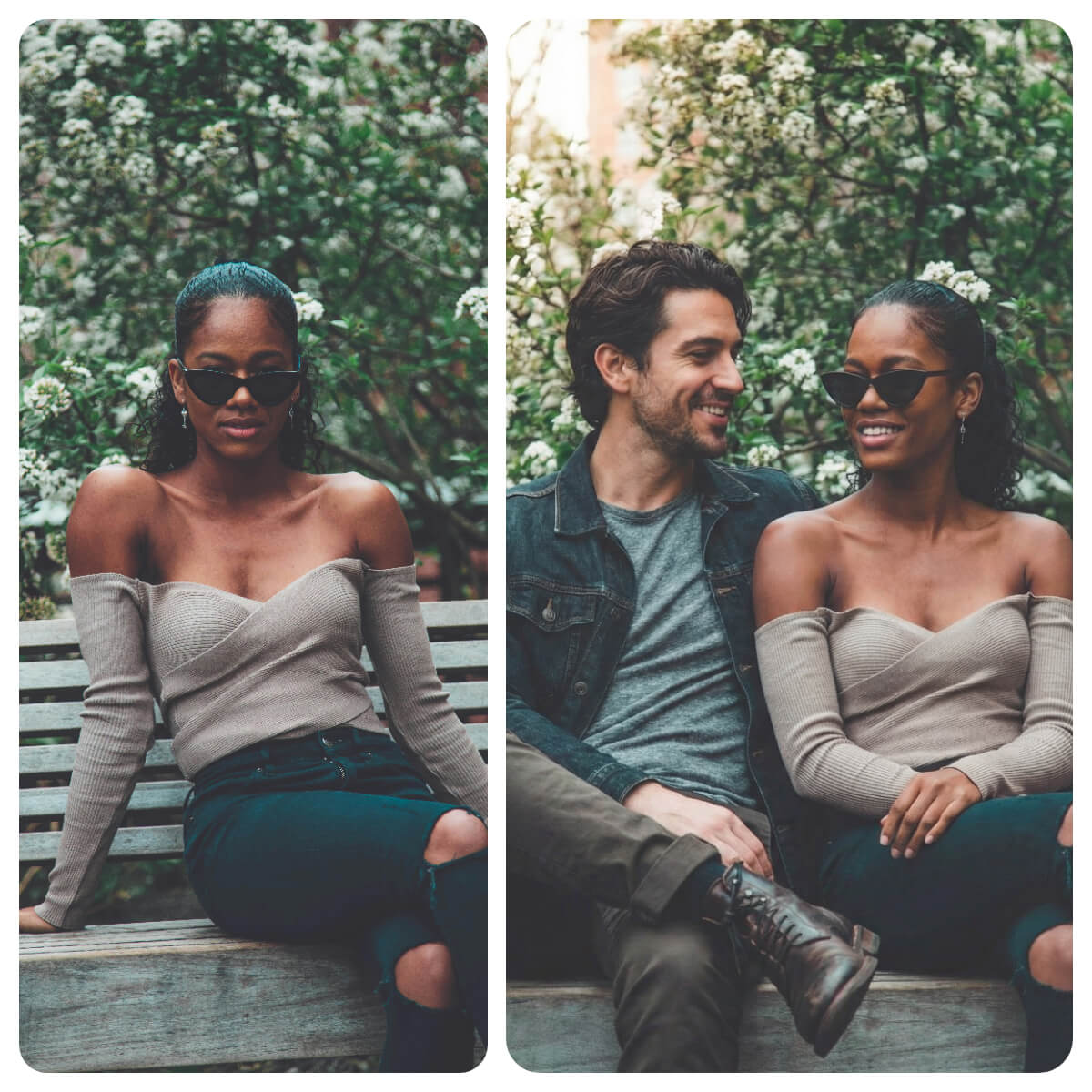 Split-Screen-Vergleich: Eine Frau sitzt alleine auf einer Parkbank vs. dasselbe Foto mit einem nachträglich per YouCam AI Pro eingefügten KI-Mann.