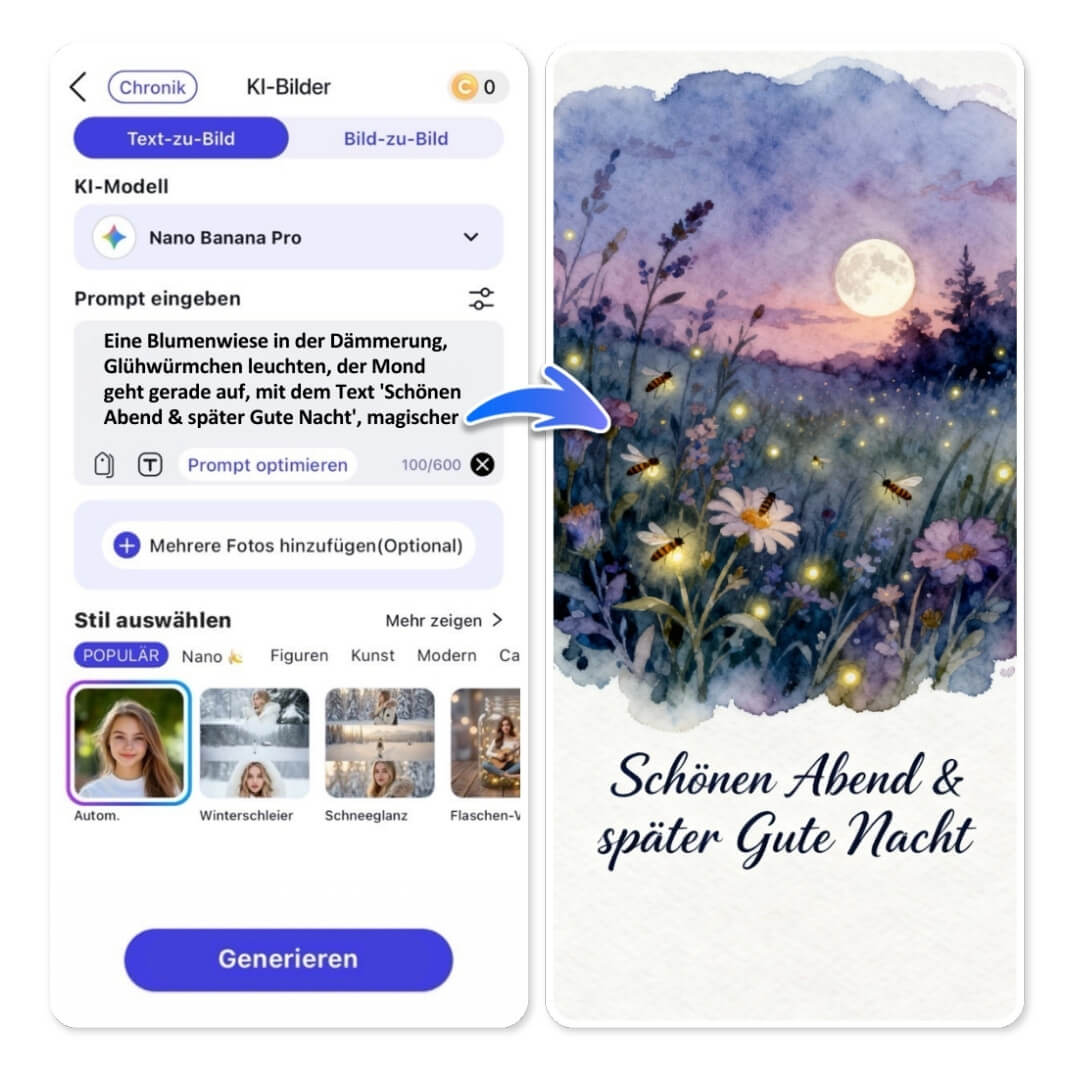 Eine Blumenwiese in der Dämmerung, Glühwürmchen leuchten, der Mond geht gerade auf, mit dem Text 'Schönen Abend & später Gute Nacht', magischer Fantasy-Stil