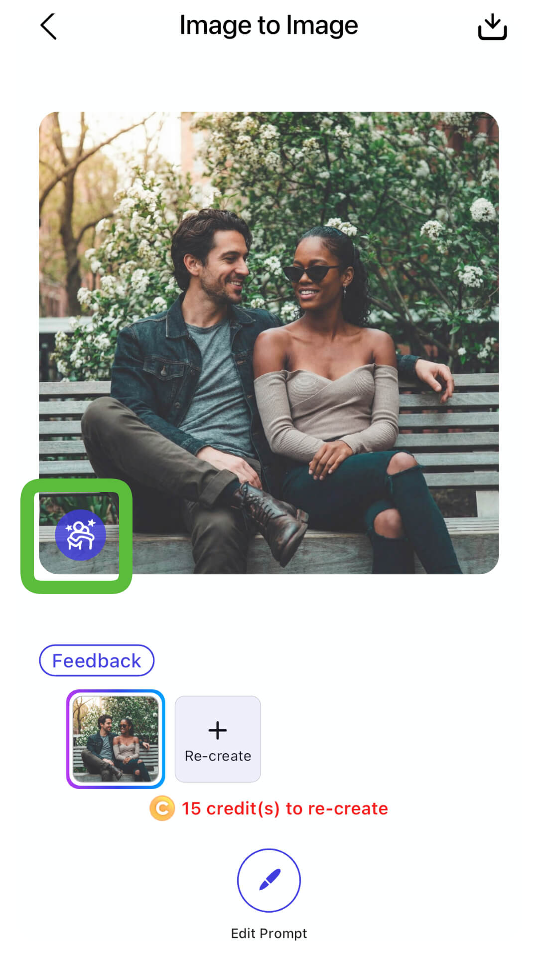 Benutzeroberfläche der YouCam AI Pro App, die das "Foto animieren"-Icon hervorhebt, um aus dem KI-Pärchenfoto ein Video zu erstellen.