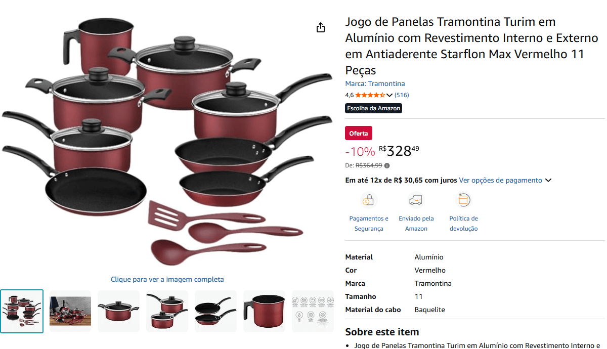 Captura de tela de uma página de produto na Amazon Brasil mostrando um Jogo de Panelas Tramontina Turim vermelho de 11 peças com fundo branco, incluindo preço, detalhes do material em alumínio e avaliações de clientes.
