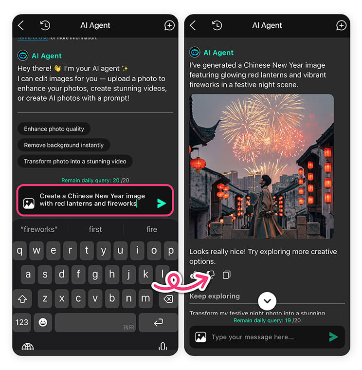 Type in Chinese New Year prompt and AI Agent will generate dazzling image for you.