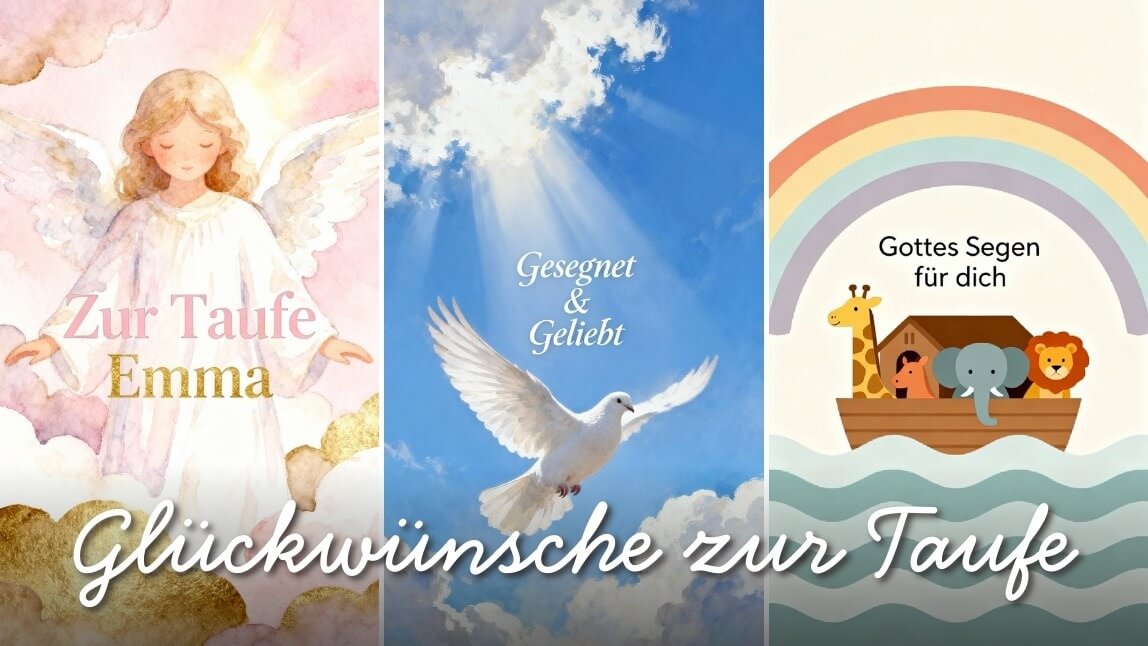 Glückwünsche zur Taufe: Drei Taufkarten-Beispiele mit Engel, Taube und Arche Noah