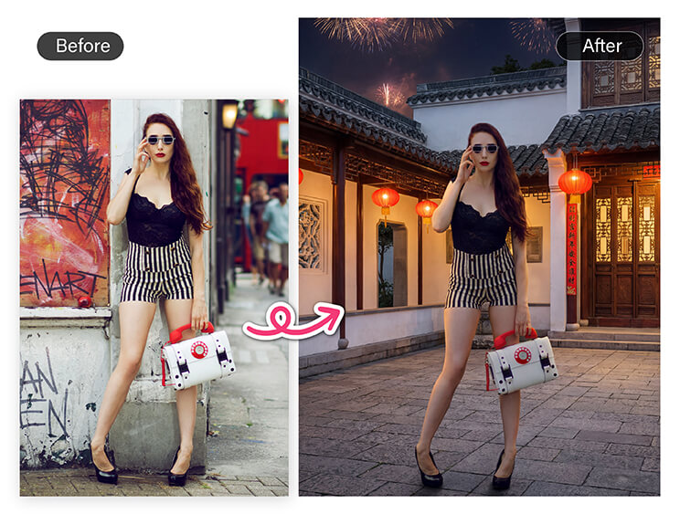 Ask AI Agent to replace the background in your Chinese New Year image.