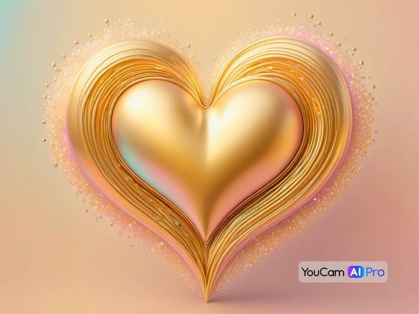 Ein glänzendes Herz aus goldenen, geschwungenen Linien, umgeben von zarten, funkelnden Details vor einem pastellfarbenen Hintergrund.