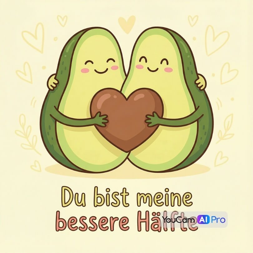 Süße Cartoon-Avocados umarmen sich, mit Herz-Kern und Text 'Du bist meine bessere Hälfte'.