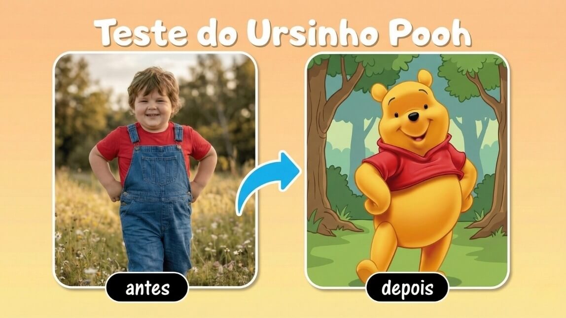 Comparativo antes e depois: menino transformado em personagem 3D do Ursinho Pooh estilo Disney Pixar usando inteligência artificial.