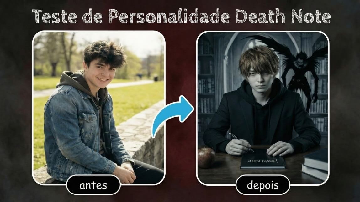 Comparação antes e depois de foto real transformada em personagem de anime estilo Death Note com Ryuk ao fundo usando filtro de IA.